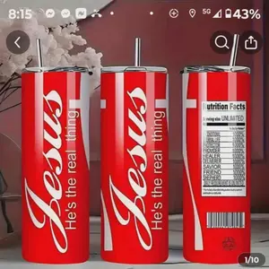 Jesus 20oz Tumbler - Red Design with "He's the real thing" Text and Nutrition Facts Label - Ideal for Religious and Everyday Use