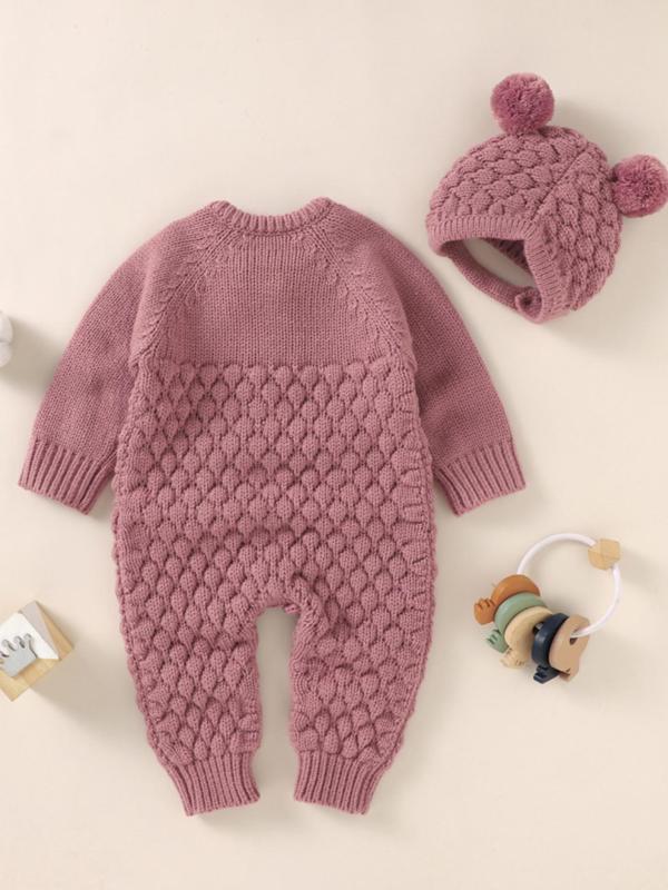 Baby's Button Front Sweater Jumpsuit & Pom Pom Decor Baby Bonnet & Bow Decor Mittens & Knit Baby Shoes Set, Cute Onesies Set for Newborn Infant Kids, Newborn Gift Set, Baby Clothing