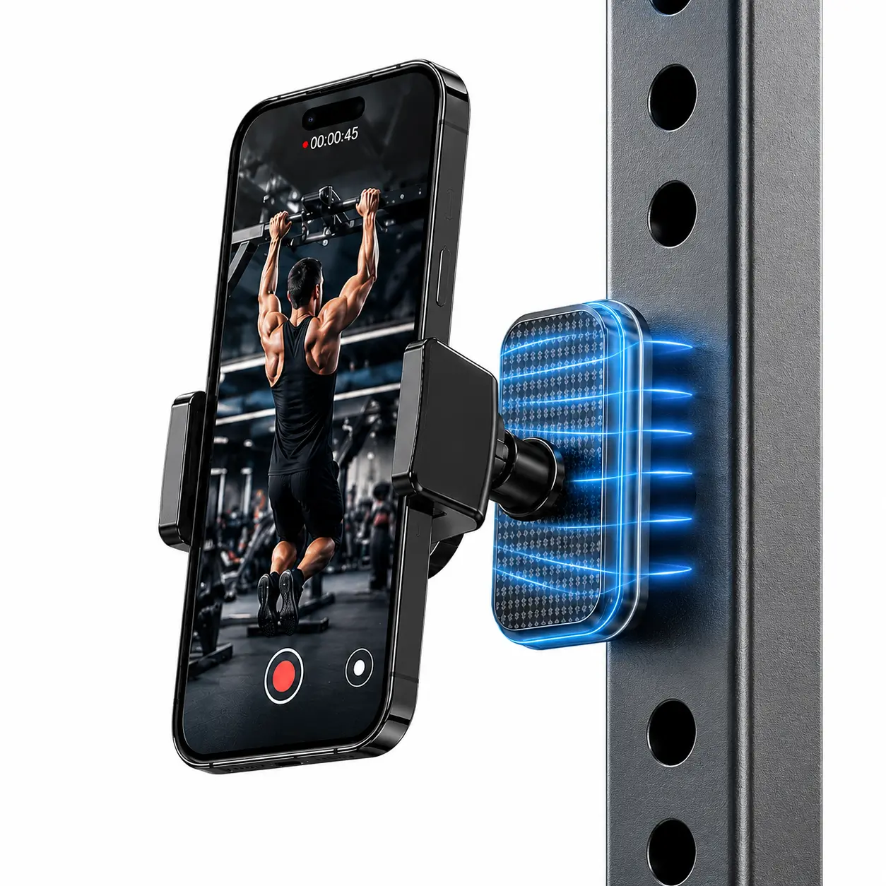 Magnetic Gym Phone Holder, 360° Rotating Adjustable Phone Mount for 4–7 Inch Smartphones, Strong Magnetic Base for Gym Equipment, Refrigerator and Metal Surfaces