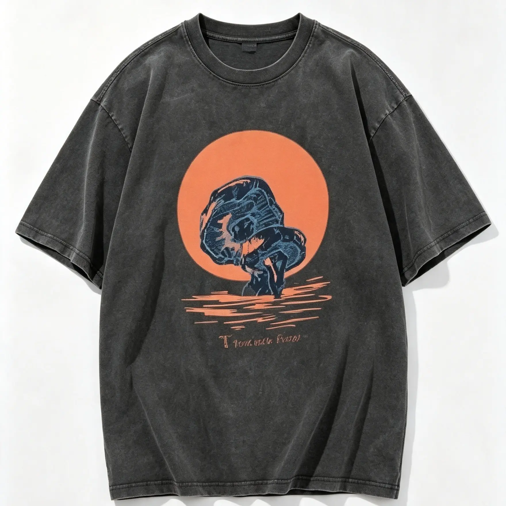 Men's Oversized Retro Vibrant Short-Sleeve T-Shirt - Acid-Washed, Orange Sunset & Blue Mushroom Print, Casual Streetwear Tee, Tshirt, Shortsleeve