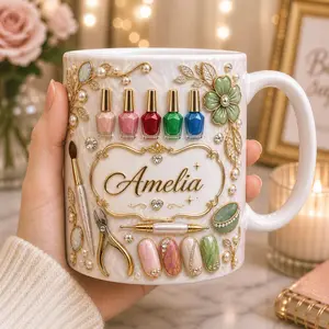 Personalized Nail Artist Mug 2D Printed 3D Effect Coffee Mug Custom Name Glam Design for Nail Tech Manicurist Beauty Lover Gift for Women Girls Salon Owner Birthday Graduation Appreciation Gift Idea For Her