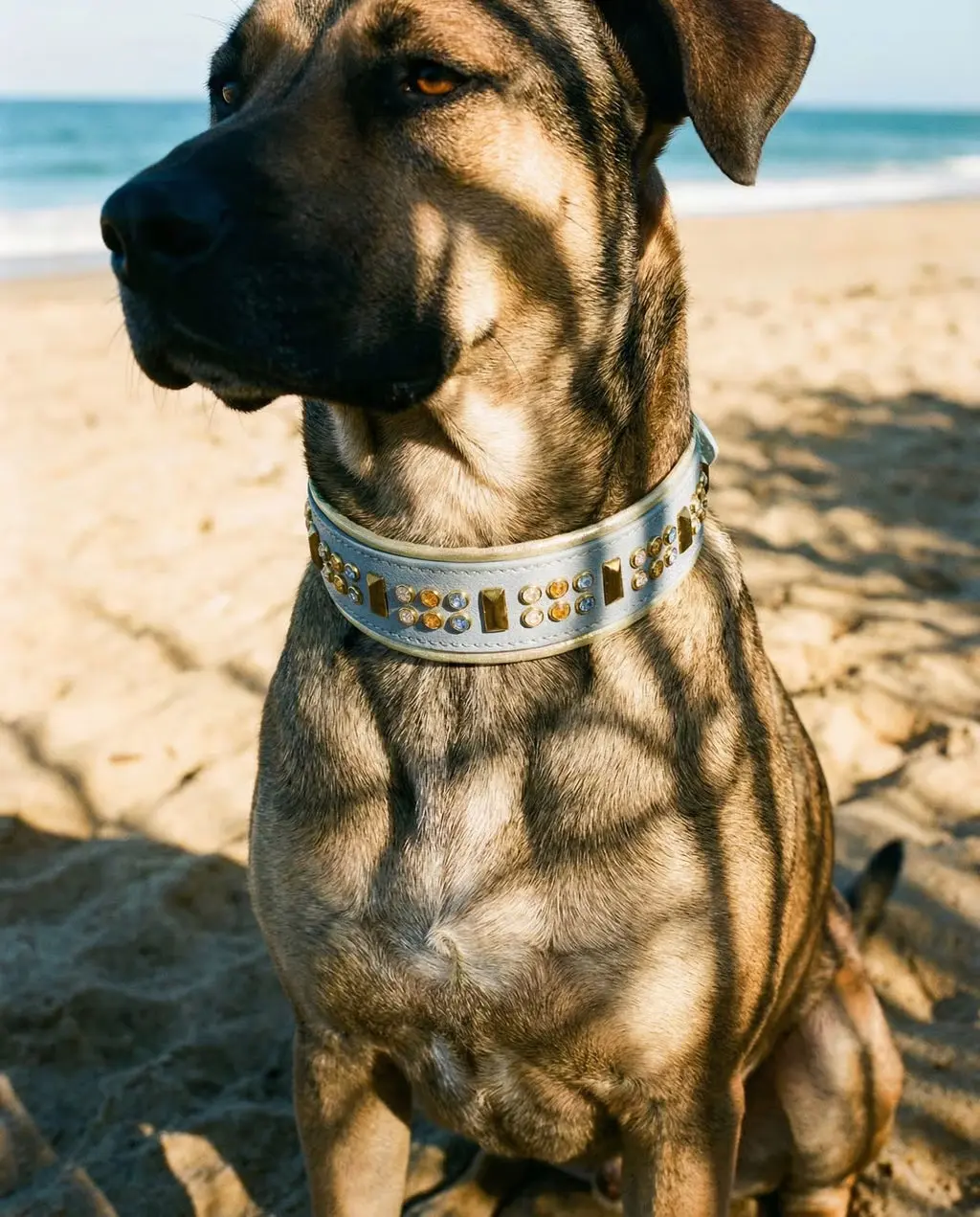 READY TO SHIP! 2" Width Luxury Biothane Vegan Leather Dog Collar, 16"-18" Length, Adorned with Pastel Blue & Yellow Gold Crystals (Fits Cats Too), Collars