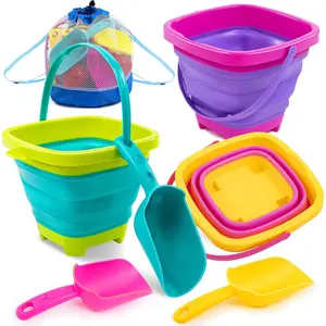 3 Packs Foldable Bucket - Collapsible Bucket with Sand Shovels and Mesh Backpack for Kids Toddlers Beach Toys, Easter Egg Hunt, Camping, Travelling and Fishing Water Pail (Pink/Purple/Green)