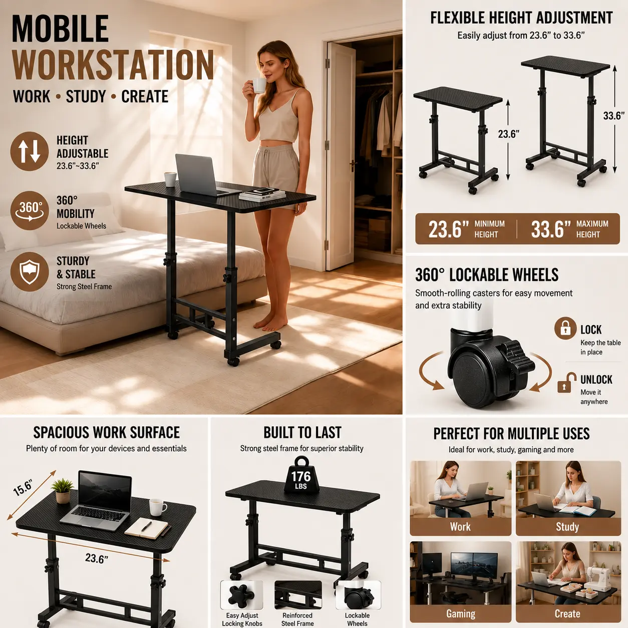 All-in-One Adjustable Mobile Workstation, Carbon Fiber Rolling Table for Home Office, Gaming, Tattoo, Beauty, Gardening, Crafting & More