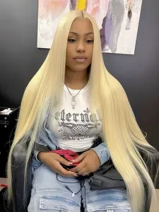 613# Long Straight Blonde Wig, Heat-Resistant Synthetic Lace Front Wig, Glueless HD Transparent Pre-Plucked 13×4 Lace Wig for Black Women, 28 Inch. Suitable for Halloween, Daily Work, Concerts, Cosplay, Weddings and Dating Wear