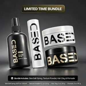 BASED Ultimate Men's Hair Styling Bundle |   Sea Salt Spray, Texture Powder, Hair Clay & Pomade |   Non‑Toxic Premium Formula For Straight & Wavy Hair, Long‑Lasting Hold & Volume