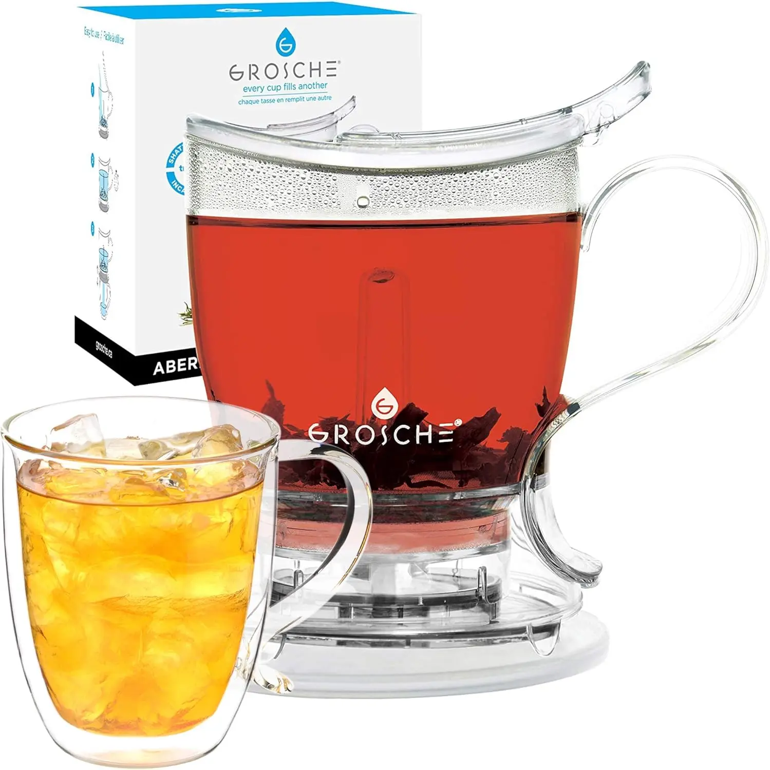 GROSCHE Aberdeen 34 oz tea pot and bottom dispensing tea steeper and Cyprus Large 16 oz double walled glass mug set