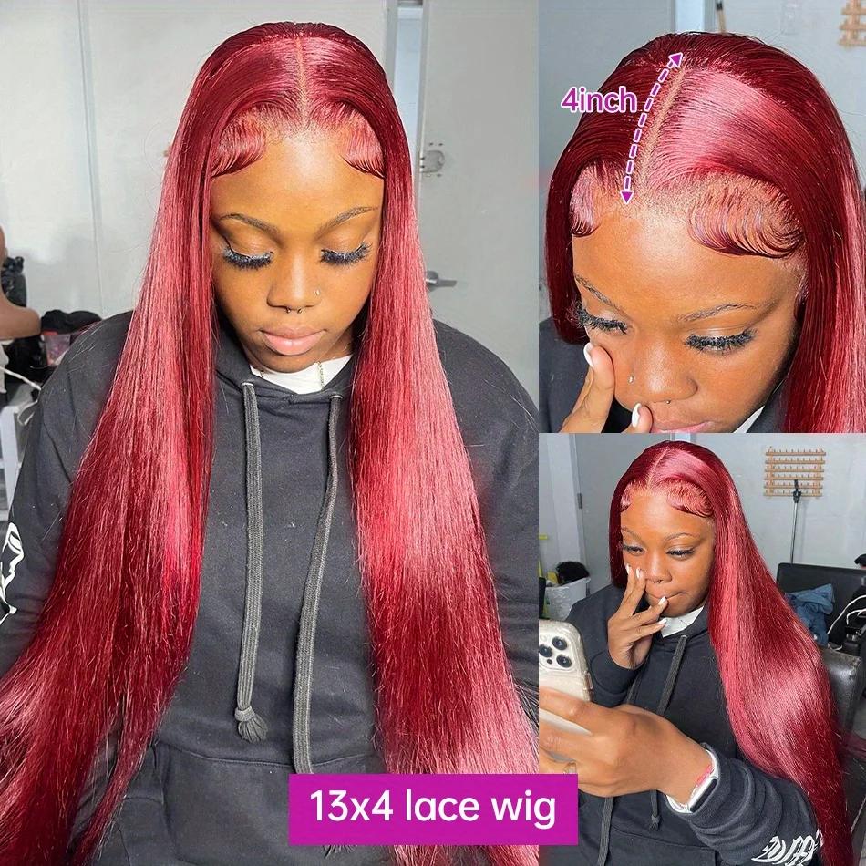 Human Hair 99J Burgundy Straight 13x4 Lace Frontal Wig Pre Preplucked Red Wine Transparent Lace Front Wigs For Women 150% Density