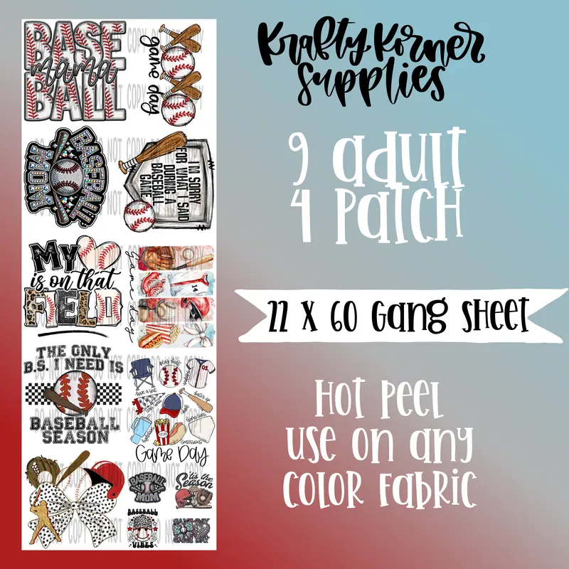 Baseball 2.0 DTF Transfer Gang Sheet - 22x60in (22 x 60 size) Hot Peel Craft DIY Product, High Detail, Fabric-Compatible, Ideal for Notebook & Paper Office Stationery Customization Projects