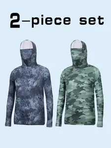 2pcs Camouflage Fishing, Long Sleeve Hoodie, Outdoor Hunting & Fishing Sport Hiking, Sun Protection Quick Dry Breathable, Hoodie Tops
