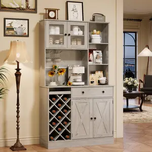 Coffee Bar Cabinet with Power Outlet & Exquisite Barn Doors, Sideboard Buffet Cabinet with Wine Bottle Rack, Storage Cabinet for Kitchen, Dining Room,Grey