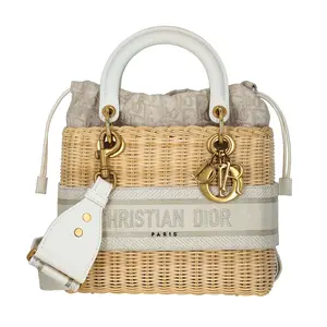 Pre-owned Dior Raffia Shoulder Bags Woven Wicker with Oblique Canvas Lady Medium Neutral