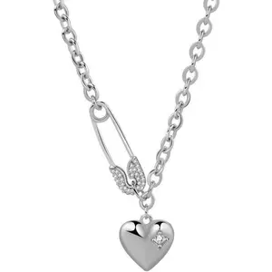 Women’s Safety Pin Love Heart Choker Necklace, Adjustable Statement Charm Pendant, Short Delicate Necklace — Gift Ideas for Christmas, Thanksgiving, Birthday, Valentine’s Day, 15.7″