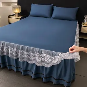 3pcs Pure Color Polyester Bedskirt Set, Includes 1 Bedskirt and 2 Pillowcases, Lace Edge, Suitable for Single Twin Full Queen King, Bedding Supplies