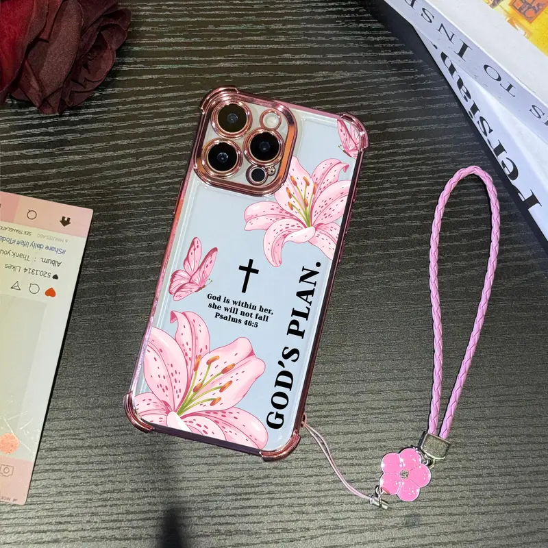 Bibical Cross and Lily Pattern Four Corner Anti-Fall Phone case for iPhone Galaxy 18Pro Max 17 Air 16Plus 15 14 13 12 11 XR XS S26 S25 S24 S23 S22 cases, Transparent cover, Non-Yellowing, Shockproof Soft silicone, Gifts for girls.JL61