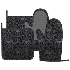 Gothic Skull Flower Black Oven Mitts and Pot Holders Silicone Kitchen Gloves Black Skull Potholders Heat Resistant 4Pcs Oven Gloves Hot Pads for Cooking,Baking,Grilling,BBQ, 7.2x11in+8x8in