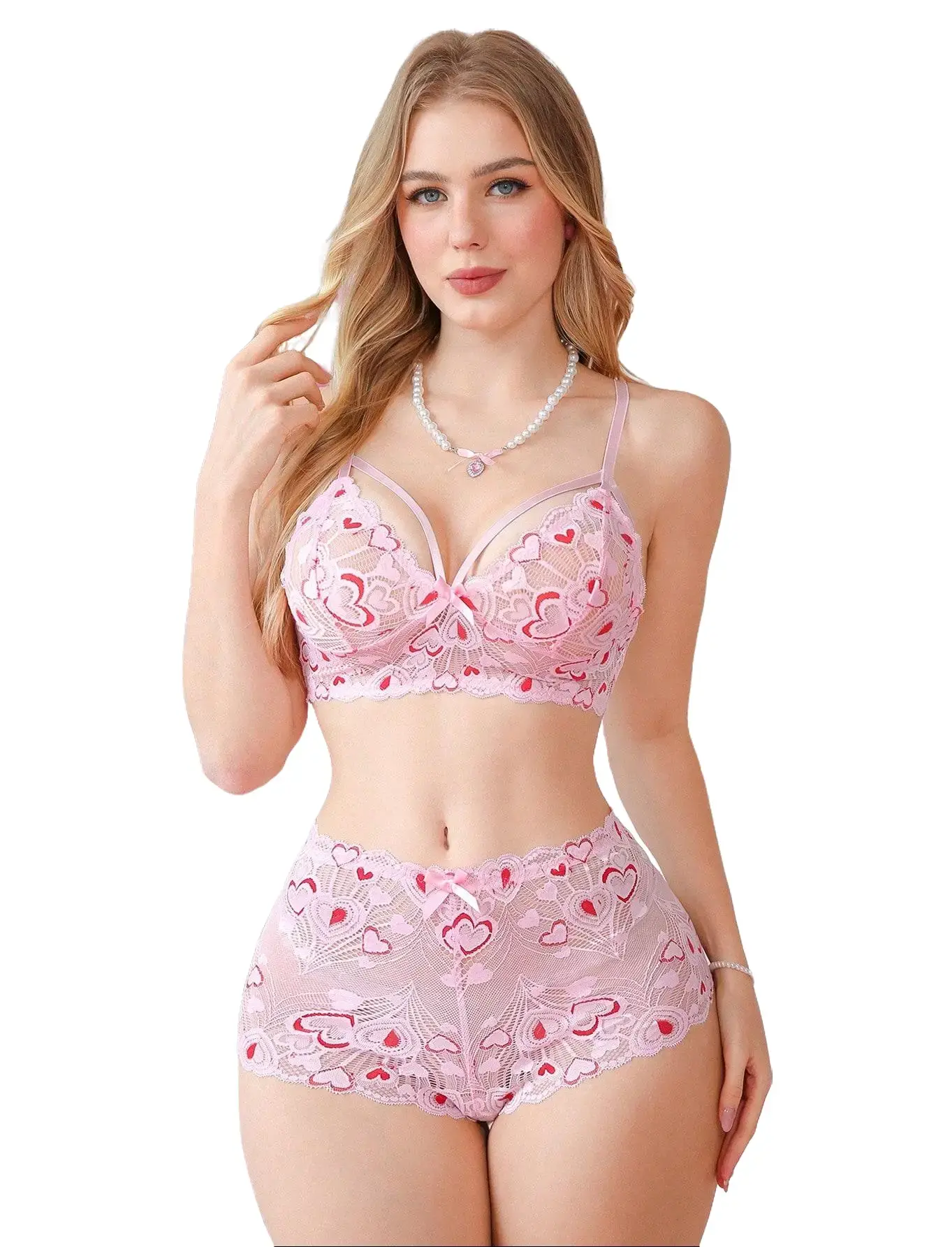 Gentle Girl Pink Floral Lace Wire-Free Lingerie Set, French Deep V Lightweight Sheer Lace Bra And Briefs 2-Piece Outfit, High Elastic Skin-Friendly Daily Home Underwear, Natural Lift Support Low Waist Lace Panty Matching Suit sexy cosplay wear mesh