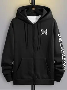 Men's Casual Loose-Fit Long Sleeve Knit Hoodie Jacket Sweatshirts with Zipper, Butterfly Graphic Print Design, Comfortable Streetwear for Fall & Winter Outdoor Activities