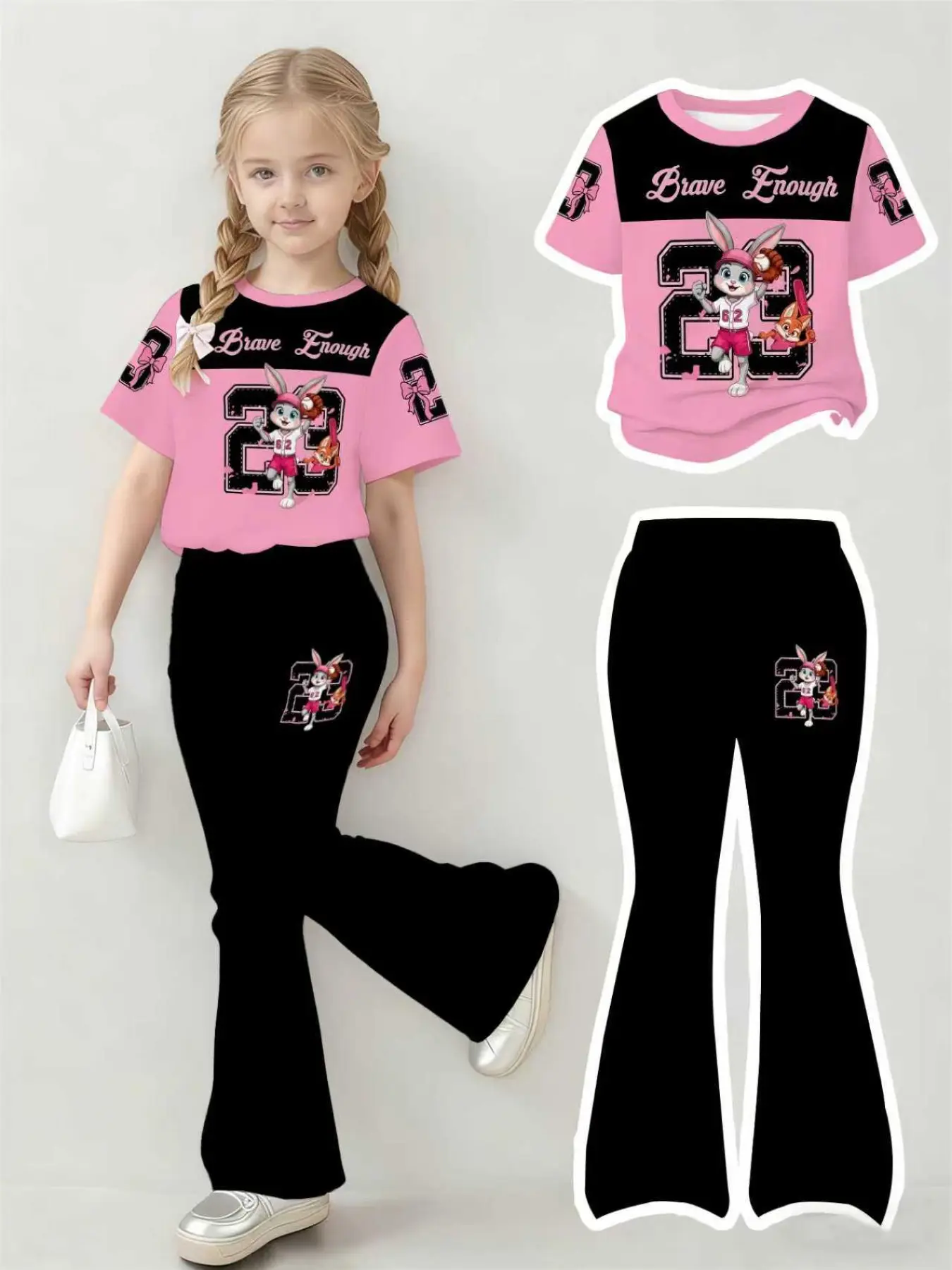 Vintage School Street Number, Letter & Animal Print, Teen Girl Casual Loose Round Neck Short Sleeve T-Shirt and Bell Pants Matching Tween Set, Spring Fall