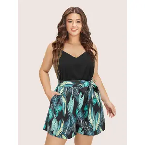 BLOOMCHICPlus Size Bohemian Tropical Patchwork Pocket Belted Cami Overalls - Polyester-Spandex Elastic Blend, Adjustable Straps, Sleeveless, Garment with Custom Fit - [M-6X]2026 Summer Vibes Fabric Womenswear