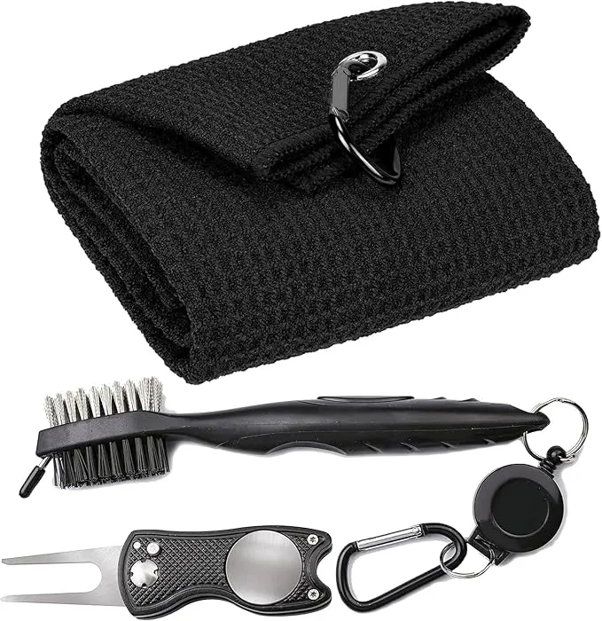 Waffle Microfiber Golf Towel Set with Club Brush & Divot Tool – 2-Pack Highly Absorbent Golf Towels, Dual-Bristle Groove Cleaner, and Foldable Divot Repair Tool with Magnetic Ball Marker for Golf Bag Accessories, Men & Women