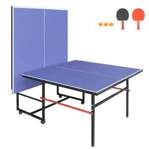 8FT Tennis Table Foldable & Portable Ping Pong Table Set for Indoor Games with Net, 2 Table Tennis Paddles and 3 Balls outdoor game