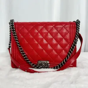 Pre-owned CHANEL Boy Large Classic Red Leather Chain Bag|20734027