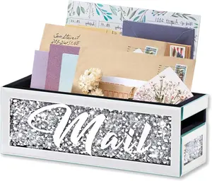 Crushed Diamond Mail Organizer Crystal Countertop Mirror Letter Holder For Wall Mail Storage Box