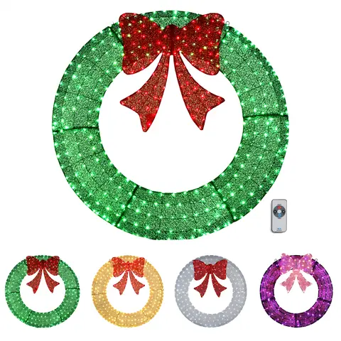 VINGLI Large Christmas Wreath (24/36/48/60 in) with Pre-installed LED Multi-color Lights, Plug-in Control System, Lace Ornaments - Outdoor & Garage Decor, Corded, Pre-Decorated, Decoration, Colorful Lights, Multi-Size