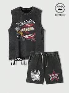 Men's Letter Print Tank Top & Graphic Print Shorts Loungewear Two-Piece Set, Regular Fit Casual Comfy Sleeveless Top & Shorts PJ Set, Men's Sleepwear for Summer, Shorts Pajama Set, Shorts Lounge Outfit