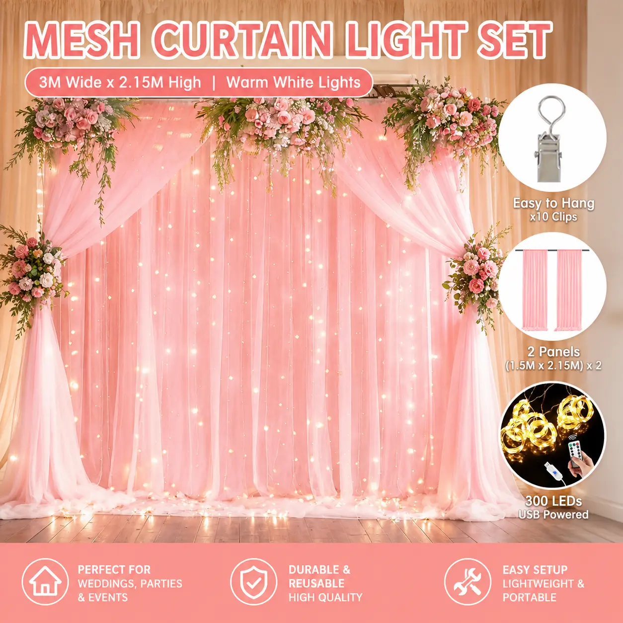 Colorful Lighted Party Pink Mesh Curtain Lights Set - 300 Warm White LEDs, 10ft x 7ft Sheer Tulle Backdrop Drapes (2 Panels), USB Powered, Home & Festive Decor for Weddings, Birthdays