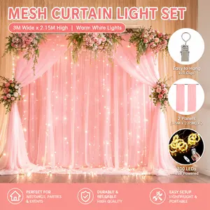 Colorful Lighted Party Pink Mesh Curtain Lights Set - 300 Warm White LEDs, 10ft x 7ft Sheer Tulle Backdrop Drapes (2 Panels), USB Powered, Home & Festive Decor for Weddings, Birthdays