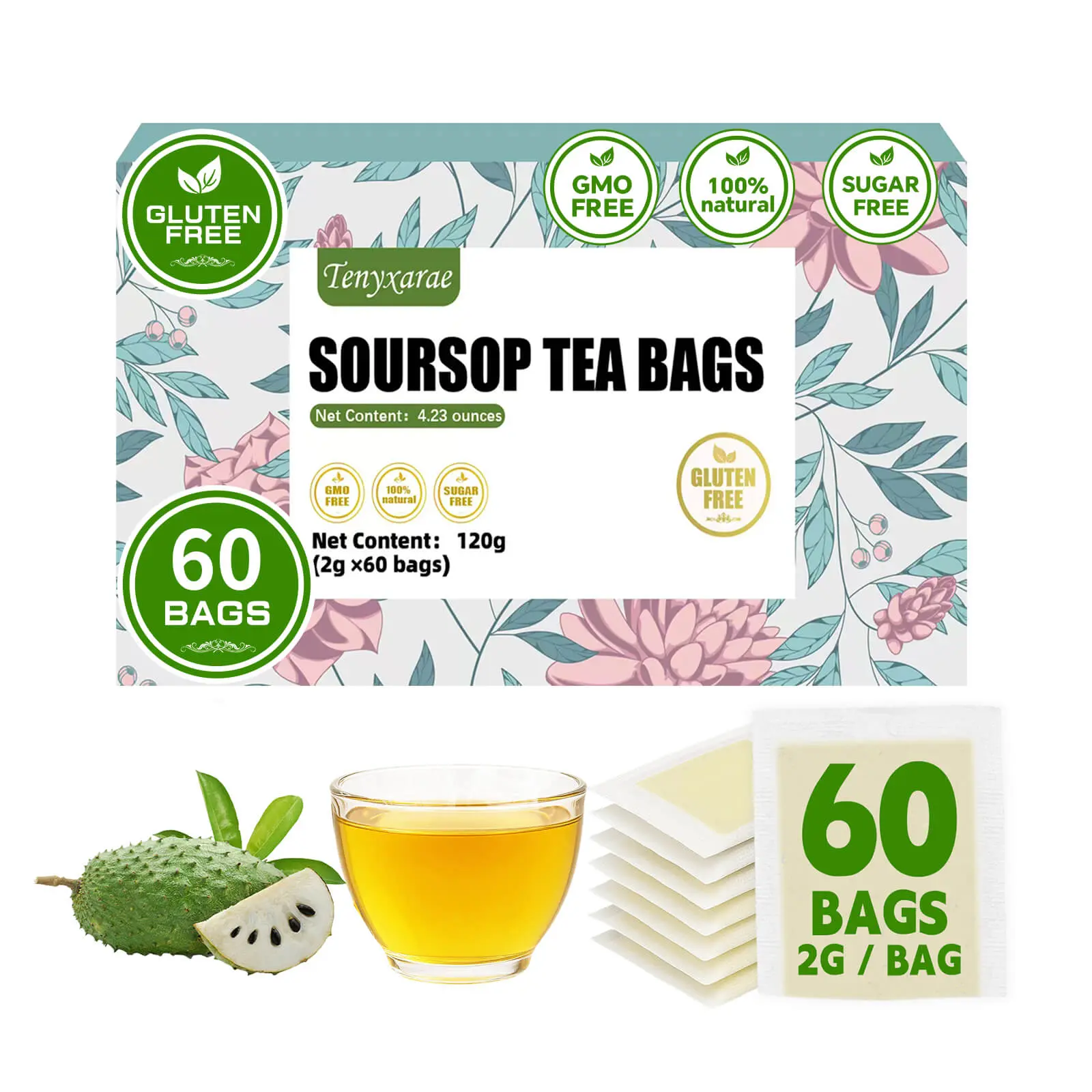 100% Organic & Natural Soursop Tea Bags (60 Teabags, 2g/Bag) | Premium Soursop Leaves for Digestion & Sleep Support | Caffeine-Free | Sugar-Free | Gluten-Free | Vegan | Individually Sealed Eco-Friendly Packs | Safe for Regular Use