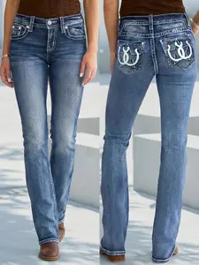 Vintage High-Waisted Slimming Bootcut Denim Jeans, Elasticity Fit Long Pants, Casual Plain Design with Pockets, Women's Fashion Bottoms