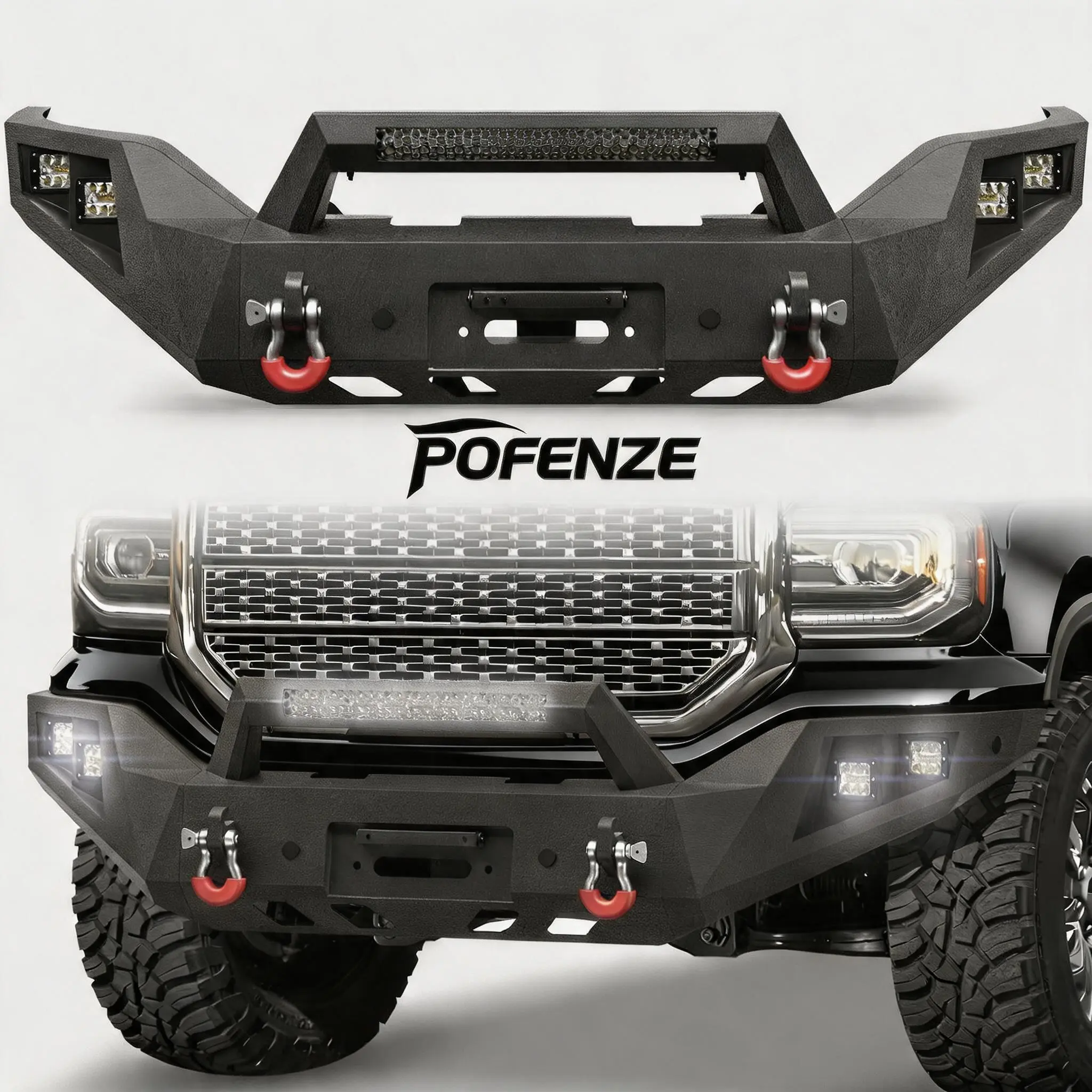 POFENZE-NADIA Custom Fit Front Bumper for 2016-2018 GMC Sierra 1500 - Aftermarket Truck Auto Replacement Body Part Accessory with LED Lights, D-Rings, Registration Plate Holder, Rigid Bars, Aftermarket Truck Bumper Registration Plate Holder