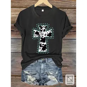 Women's Cow Print Cross & Turquoise Dots Vintage Graphic Shortsleeve T-Shirt - Stretchy Cotton Crew Neck Fitted Casual Top, Machine Washable All-Season Versatile Womenswear Clothing, Black Summervibes Tee, Tshirt