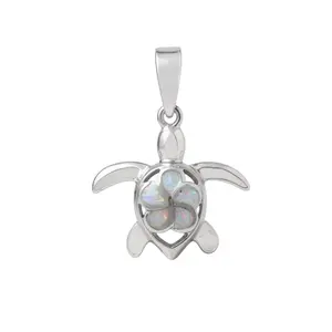Sterling Silver White Opal Plumeria Flower Turtle Pendant