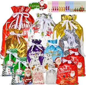 Christmas Drawstring Gift Bags, 15 PCS Xmas Gift Bags with 15 Tags 7 Design 5 Size Large or Small Wrapping Bags, Reusable Christmas Goody Bags Xmas Tie Bags for Party, Presents, Holiday Decorations