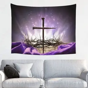 1pc Peach Skin Velvet Tapestry, Jesus Backdrop Wreath of Thorns with King Crown Nails Photography Background Easter Church Banner Passion and Resurrection Backdrops Holy Light Religious Purple Decor Tapestry for Bedroom Living Room
