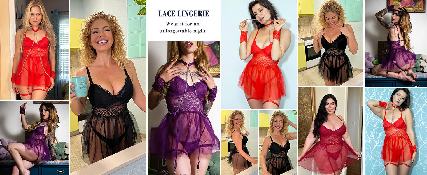 Avidlove Lingerie for Women Lace Underwire Lingerie Set with Garter and Chain Sleepwear SpringStatements Floral Cute Dress Polyester Comfy Mesh