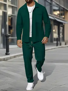 Men's Casual Two-Piece Set, Tracksuit Outfit, 2026 New Waffle Fabric Zipper Hooded Jacket + Drawstring Waist Long Pants, Loose Comfortable Daily Commute Sportswear