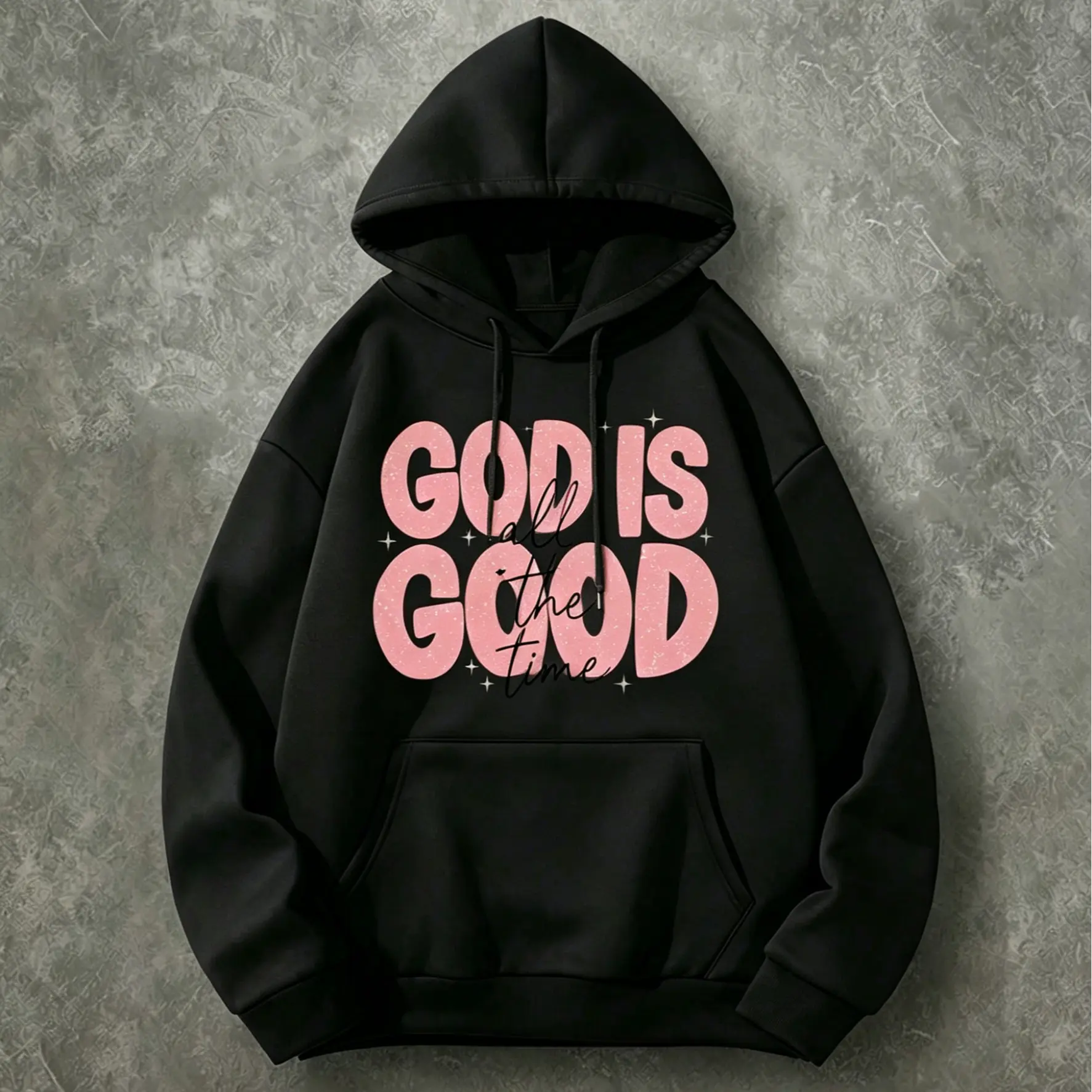 Women's God Is Good All The Time Glitter Text Hoodie - 450G Brushed Fleece Blush Pink Scripture Print Black Hooded Sweatshirt, Christian Casual Streetwear Outfits Clothes Pullover For Teen Girls