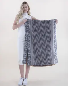 Herringbone Scarf with Greek Key Borders and Stripe Detail – Stylish and Elegant Women's Accessory for Year-Round Wear Shawl