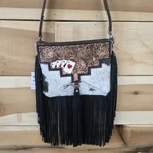Women's Hand-Painted Cowhide Leather Fringe Gambler Crossbody Shoulder Bag - Adjustable Strap, Zip Closure, Suitable for Day and Night Use