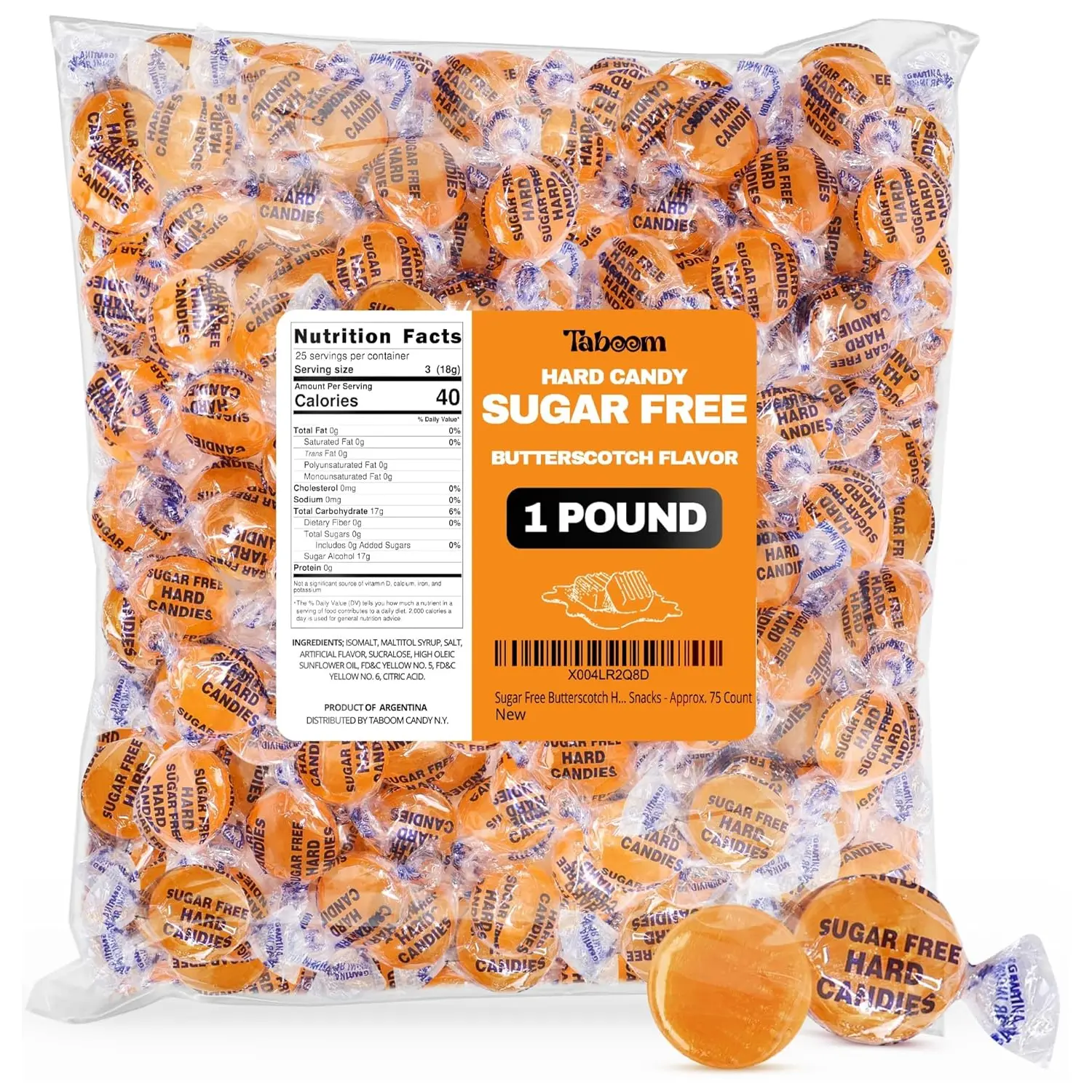 Sugar Free Butterscotch Hard Candy Bulk Bag Holiday Candies - 1 Pound Approx. 75 Individually Wrapped Butter Scotch Flavored Sugar Free Candy For Treats & Snacks - Taboom Candy