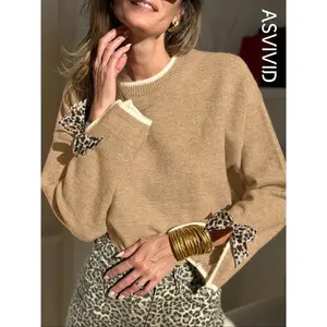 Women's Leopard Bow Decor Split Sleeve Sweater, Colorblock Knitwear, Casual Fashion Pullover for Fall & Winter Seasons