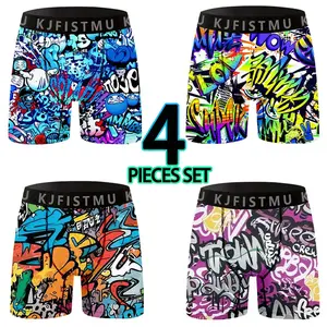 4-piece set of men's long printed boxer briefs, elastic and comfortable casual sports underwear, trendy graffiti-style prints, street style, breathable and thin fabric for sports, fitness, and daily wear Menswear Soft