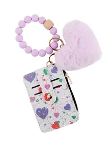 Bohemian Heart Pom-Pom Silicone PU Keychain, All over Print Leather Wallet Chain, Women's Credit Card Holder, Stylish Accessory