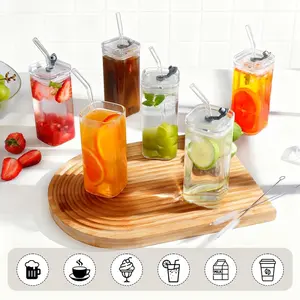 13oz Glass Cups with Plastic Lids & Glass Straws 6Pack Portable Square Eco-Friendly Drinkware Tumblers for Beer Tea Cocktail Whiskey Juice Stylish Drinking Glassware