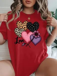 Women's Casual Short Sleeve Crew Neck Cotton T-Shirt - Leopard Polka Dot Hearts & Flower Print, Multiple Colors, Machine Washable, Spring/Summer Top, Soft Skin-Friendly Fabric, Daily Wear, Fashion Design